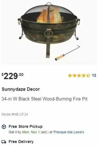 Lowe's Sunnydaze Decor 34-In W Black Steel Wood-Burning Fire Pit offer