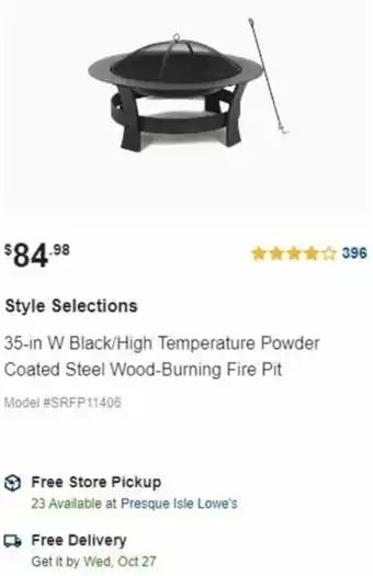Lowe's Style Selection 35-In W Black/High Temperature Powder Coated Steel Wood-Burning Fire Pit offer