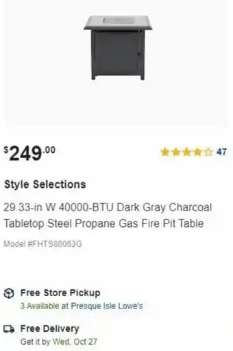 Lowe's Style Selections 29.33-In W 40000-BTU Dark Charcoal Tabletop Steel Propane Gas Fire Pit Table offer