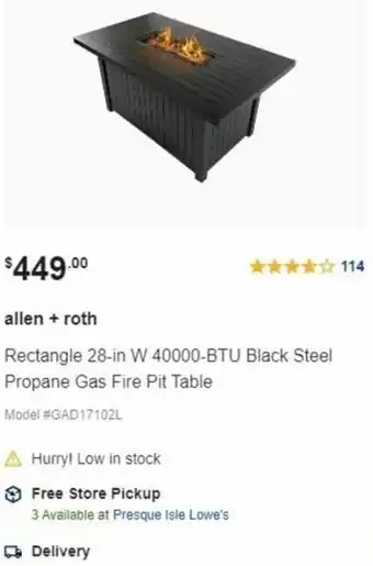 Lowe's Allen + Roth Rectangle 28-In W 40000-BTU Black Steel Propane Gas Fire Pit Table offer