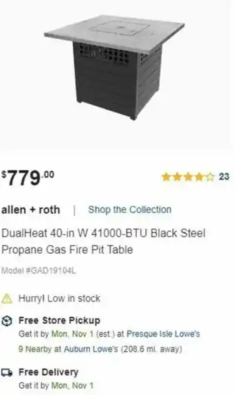 Lowe's Allen + Roth Dualheat 40-In W 41000-BTU Black Steel Propane Gas Fire Pit Table offer