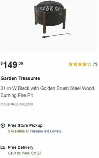Lowe's Garden Treasures 31-W Black With Golden Brush Steel Wood-Burning Fire Pit offer