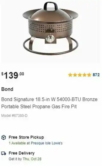 Lowe's Bond Signature 18.5-In W 54000-BTU Bronze Portable Steel Propane Gas Fire Pit offer
