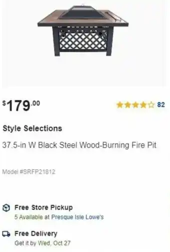 Lowe's Style Selections 37.5 In W Black Steel Wood-Burning Fire Pit offer