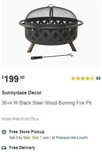 Lowe's Sunnydaze Decor 36-In W Black Steel Wood-Burning Fire Pit offer