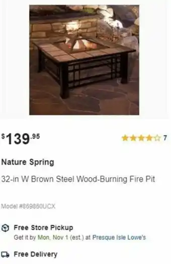 Lowe's Nature Spring 32-In W Brown Steel Wood-Burning Fire Pit offer