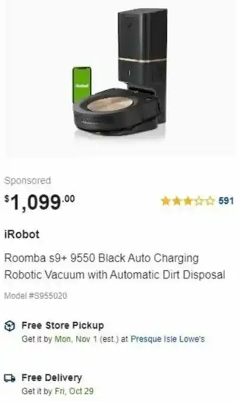 Lowe's iRobot Roomba S9+9950 Black Auto Charging Robotic Vacuum With Automatic Dirt Disposal offer