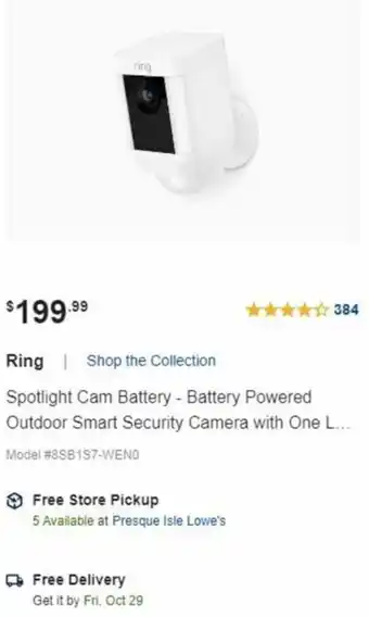 Lowe's Ring Spotlight Cam Battery-Battery Powered Outdoor Smart Security Camera offer