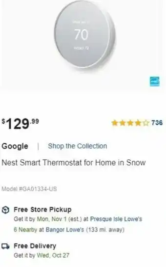 Lowe's Google Nest Smart Thermostat For Home In Snow offer