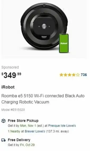 Lowe's iRobot Roomba e5 5150 Wi-Fi Connected Black Auto Charging Robotic Vacuum offer