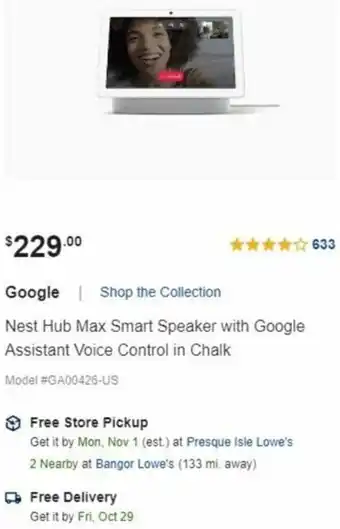 Lowe's Google Nest Hub Max Smart Speaker With Google Assistant Voice Control In Chalk offer