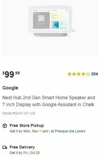 Lowe's Google Nest Hub 2nd Gen Smart Home Speaker And 7 Inch Display With Google Assistant In Chalk offer