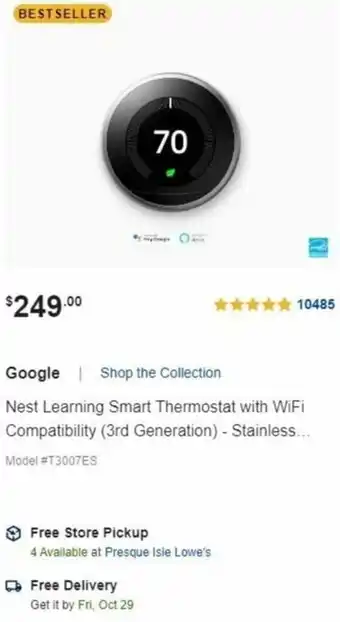 Lowe's Google Nest Learning Smart Thermostal With WiFi Compatibility (3rd Generation) offer