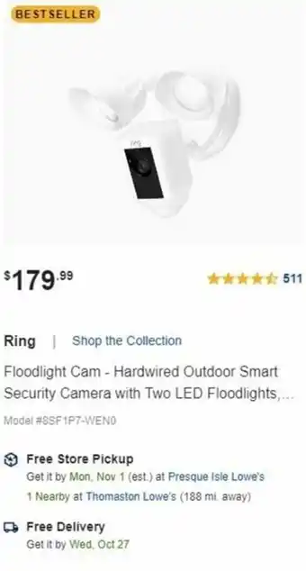 Lowe's Ring Floodlight Cam- Hardwired Ourdoor Smart Security Camera With Two LED Floodlights offer