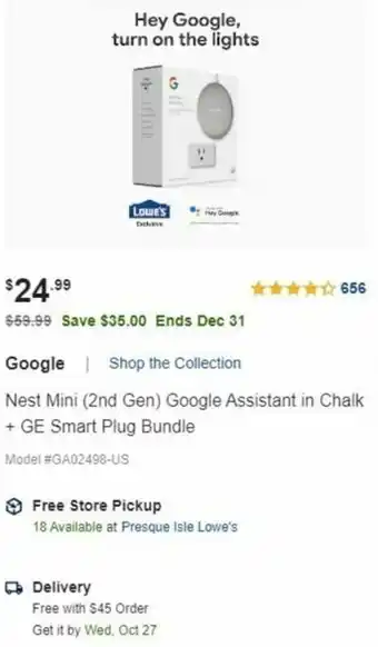 Lowe's Google Nest Mini (2nd Gen) Google Assistant In Chalk + GE Smart Plug Bundle offer