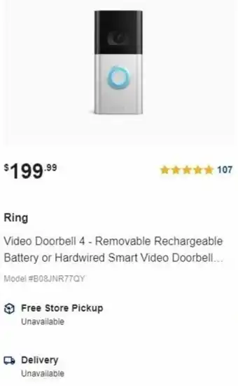 Lowe's Ring Video Doorbell 4-Removable Rechargeable Battery Or Hardwired Smart Video Doorbell offer