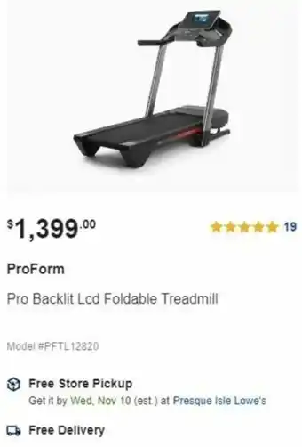 Lowe's ProForm Pro Backlit LCD Foldable Treadmill offer