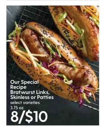 Hy-Vee Our Special Recipe Bratwurst Links, Skinless Or Patties offer