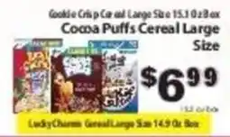 Fine Fare Cookie Crisp Ce and Large Sare 15.1028x Cocoa Puffs Cereal Large Size offer