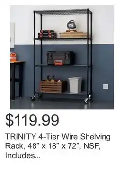 Costco TRINITY 4-Tier Wire Shelving Rack, 48 x 18 x 72, NSF, Includes Wheels and Liners, Black offer