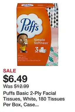 Office Depot Puffs Basic 2-Ply Facial Tissues, White, 180 Tissues Per Box, Case Of 3 Boxes offer