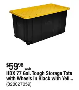 The Home Depot HDX 77 Gal. Tough Storage Tote with Wheels in Black with Yellow Lid offer