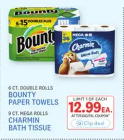 Kings Food Markets BOUNTY PAPER TOWELS 6 CT. DOUBLE ROLLS, CHARMIN BATH TISSUE 9 CT. MEGA ROLLS offer