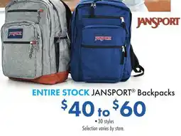 Boscov's ENTIRE STOCK JANSPORT Backpacks offer
