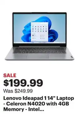 Best Buy Lenovo Ideapad 1 14 Laptop - Celeron N4020 with 4GB Memory - Intel UHD Graphics - 128GB SSD - Cloud Gray offer