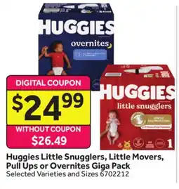 Stop&Shop Huggies Little Snugglers, Little Movers, Pull Ups or Overnites Giga Pack offer