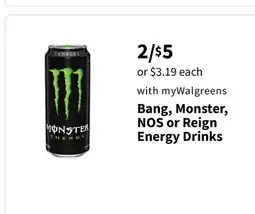 Walgreens Bang, Monster, NOS or Reign Energy Drinks offer