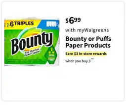 Walgreens Bounty or Puﬀs Paper Products offer