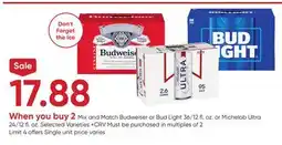 Stater Bros Budweiser or Bud Light 36/12 fl. oz. or Michelob Ultra 24/12 fl. oz offer