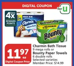 Vons Charmin Bath Tissue 9 mega rolls or Bounty Paper Towels 6 double rolls offer