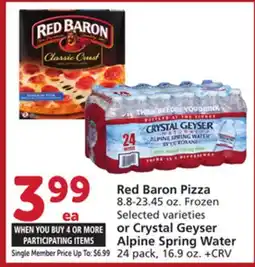 Albertsons Red Baron Pizza 8.8-23.45 oz. Frozen Selected varieties or Crystal Geyser Alpine Spring Water 24 pack, 16.9 oz offer