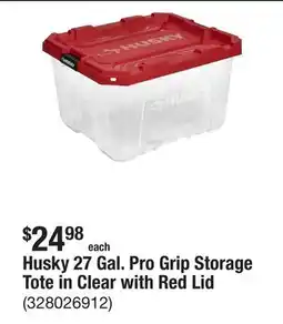 The Home Depot Husky 27 Gal. Pro Grip Storage Tote in Clear with Red Lid offer