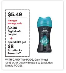 CVS Tide PODS, Gain flings! 12-16 ct. or Downy Beads 5 oz offer