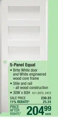 Menards Mastercraft 30W x 80H Brite White 5-Panel Equal Interior Door System - Right Inswing offer