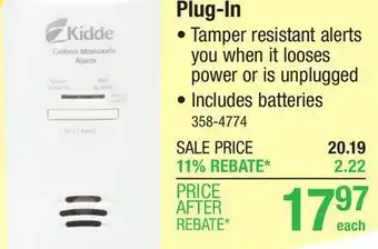 Menards Kidde Tamper-Resistant Plug-in Carbon Monoxide Alarm offer