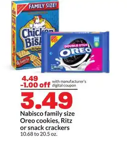 Hy-Vee Nabisco family size Oreo cookies, Ritz or snack crackers offer