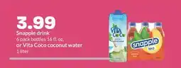 Hy-Vee Snapple drink 6 pack bottles 16 fl. oz. or Vita Coco coconut water 1 liter offer