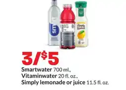 Hy-Vee Smartwater 700 ml., Vitaminwater 20 fl. oz., Simply lemonade or juice 11.5 fl. oz offer