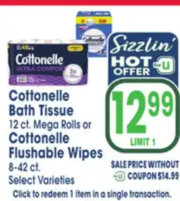 Jewel-Osco Cottonelle Bath Tissue 12 ct. Mega Rolls or Cottonelle Flushable Wipes 8-42 ct offer