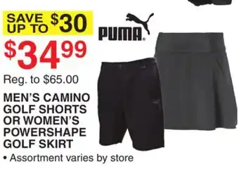 Dunham's Sports PUMA MEN'S CAMINO GOLF SHORTS OR WOMEN'S POWERSHAPE GOLF SKIRT offer