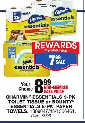 Blain's Farm & Fleet CHARMIN ESSENTIALS 9-PK. TOILET TISSUE or BOUNTY ESSENTIALS 6-PK. PAPER TOWELS offer