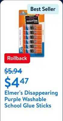 Walmart Elmer's Disappearing Purple Washable School Glue Sticks offer