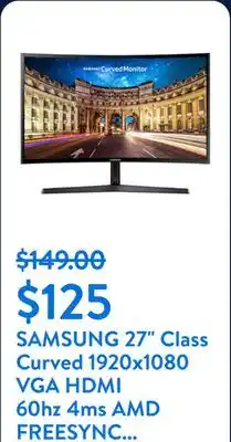 Walmart SAMSUNG 27 Class Curved 1920x1080 VGA HDMI 60hz 4ms AMD FREESYNC HD LED Monitor - LC27F396FHNXZA offer