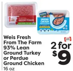 Weis Markets Weis Fresh From The Farm 93% Lean Ground Turkey or Perdue Ground Chicken offer