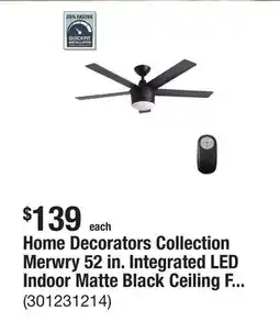 The Home Depot Home Decorators Collection Merwry 52 in. Integrated LED Indoor Matte Black Ceiling Fan with Light Kit and Remote Control offer