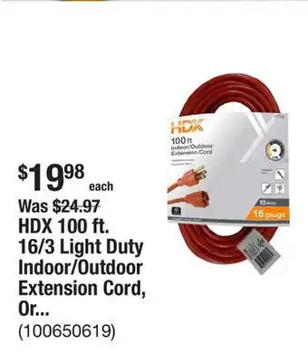 The Home Depot HDX 100 ft. 16/3 Light Duty Indoor/Outdoor Extension Cord, Orange offer
